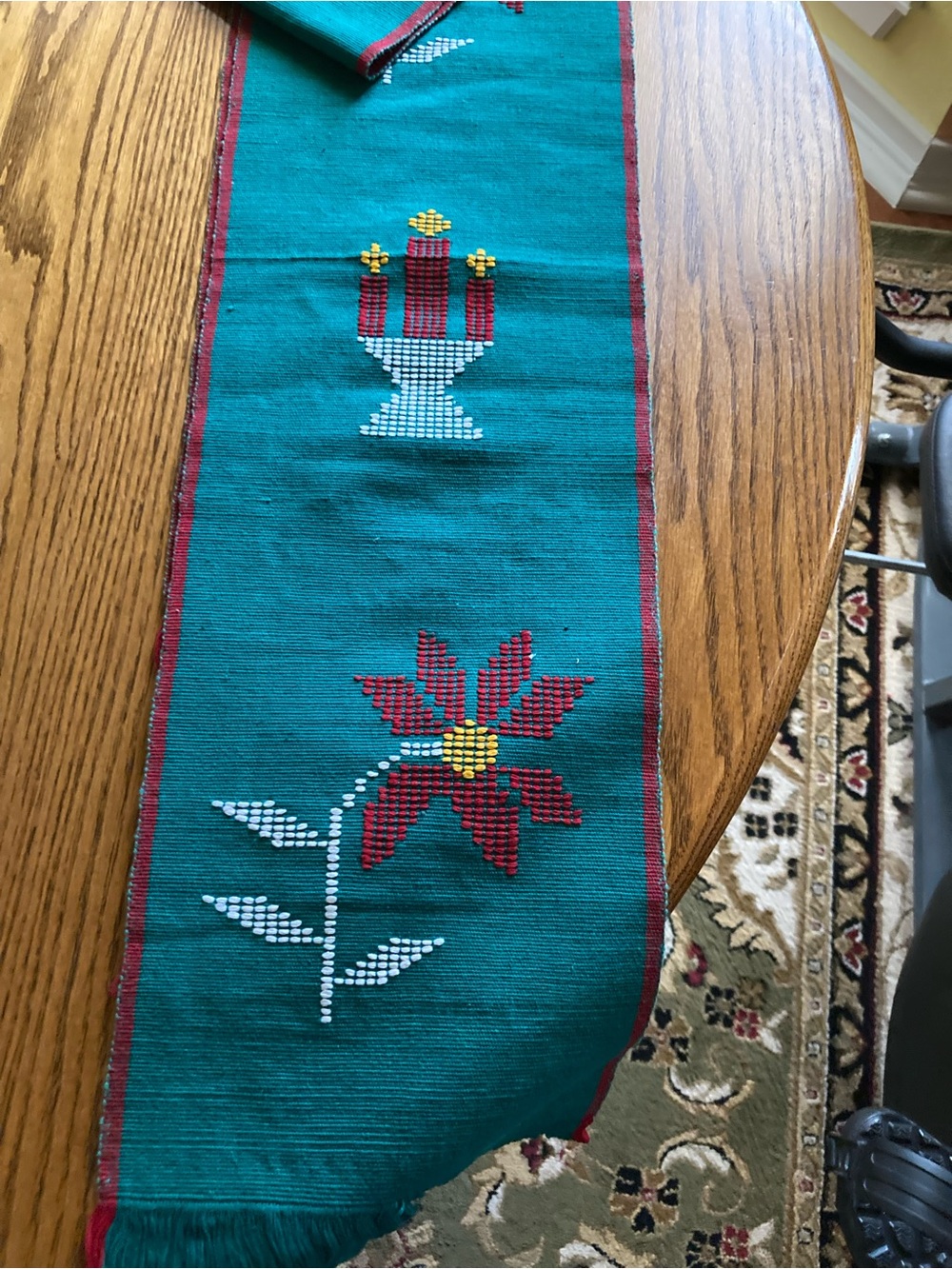 Teal Embroidered Poinsettia Table Runner